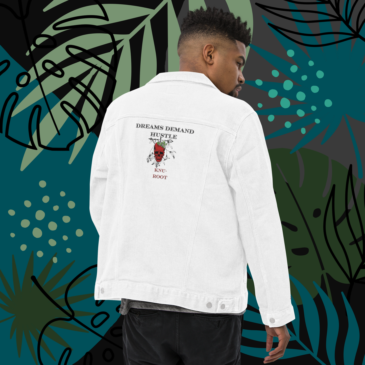 KnuRoot Hustle! Embroidered White Unisex Denim Jacket